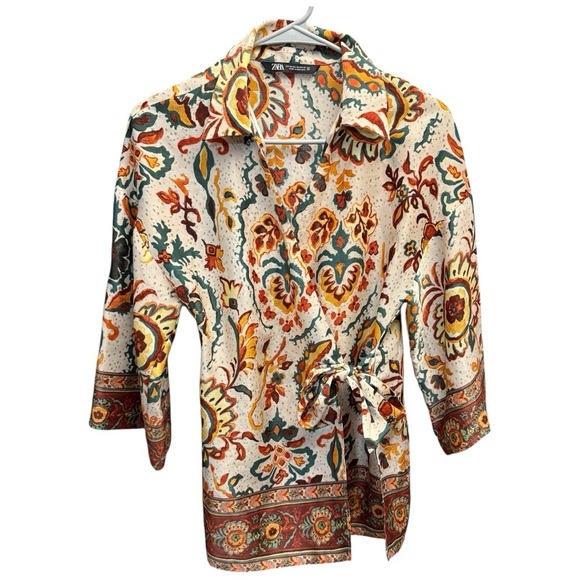 ZARA Oversized Boho Floral Wrap Blouse Tie Waist Cream Multicolor Retro Print XS - Picture 3 of 8